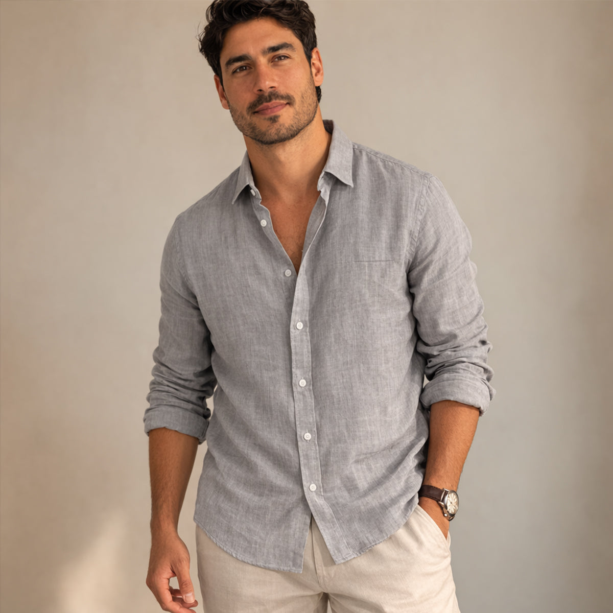 Beau | Men's Casual Linen Button Up Shirt Black