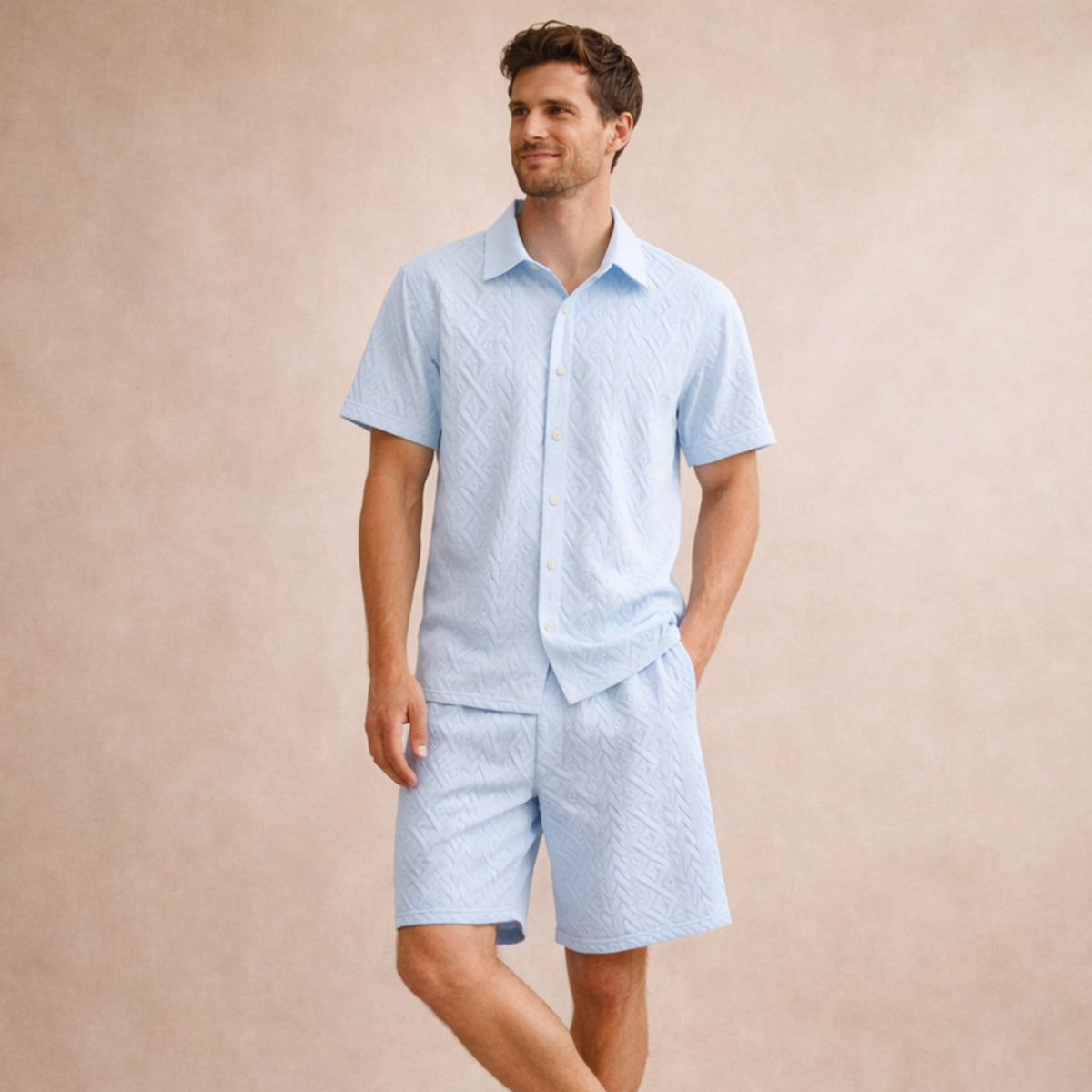 Beau | Men's Lounge Set Light Blue Textured Short Sleeve