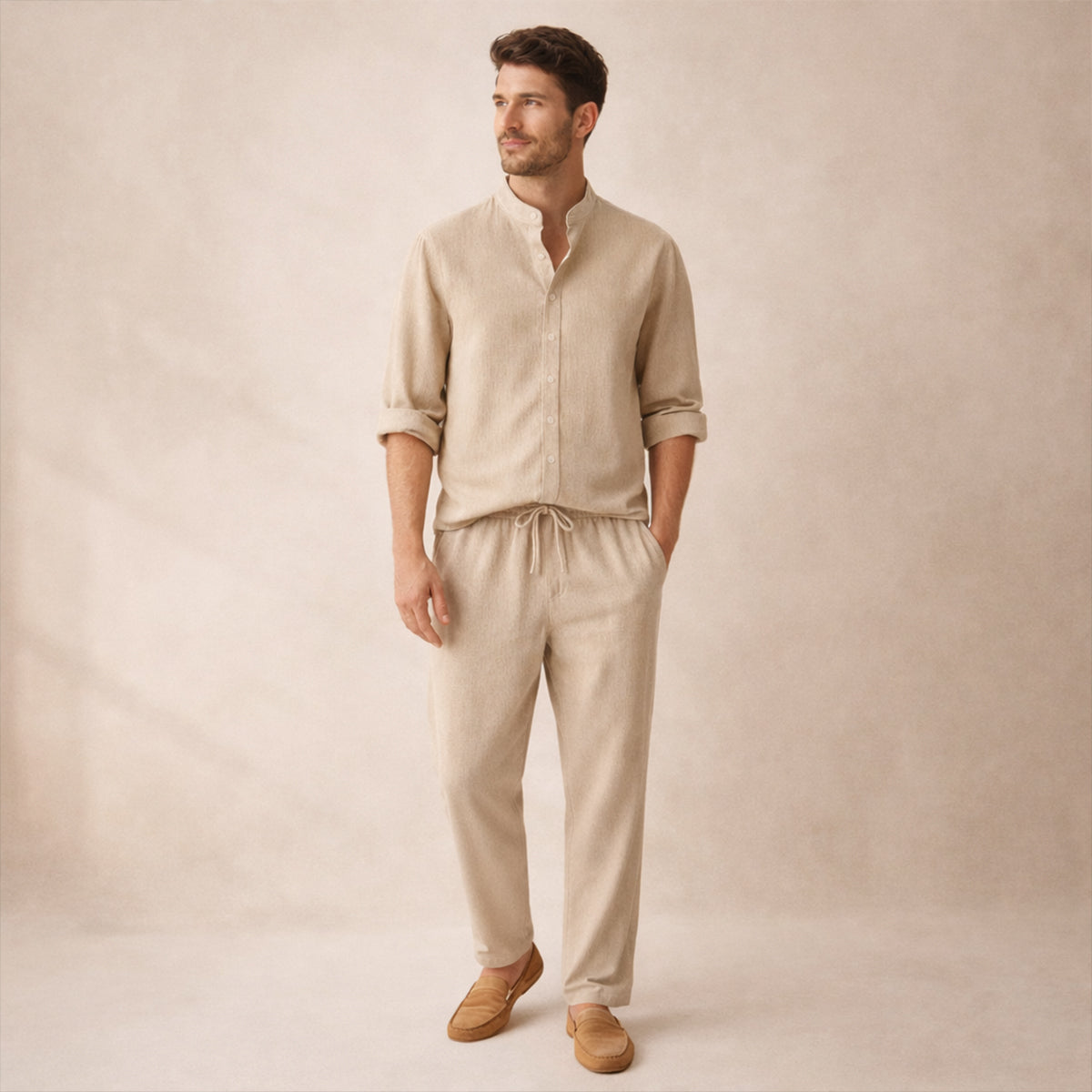 Rhys | Men's Linen Lounge Set Green Drawstring Pants Shirt