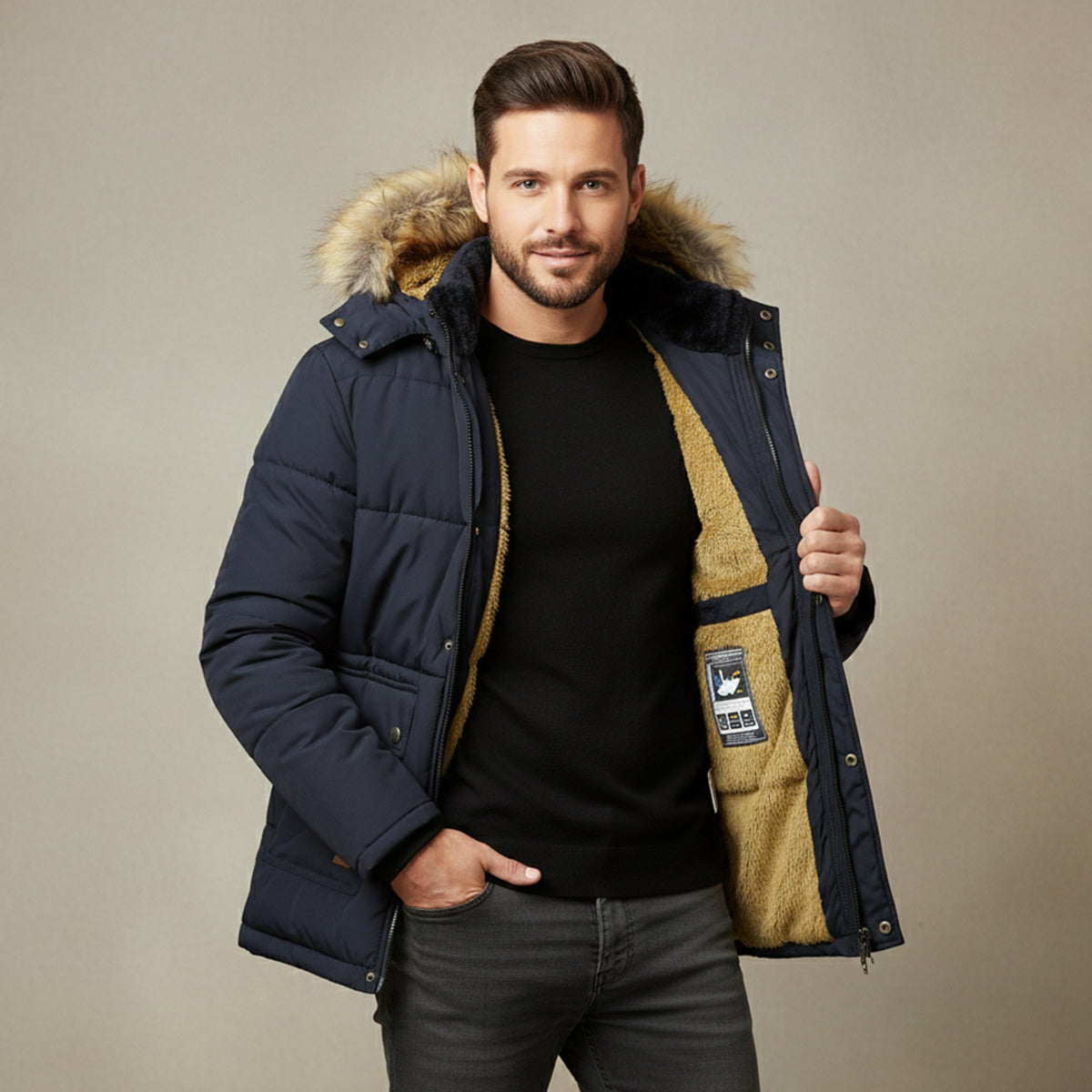 Rhys | Men's Puffer Jacket Navy Faux Fur Hooded Winter Coat