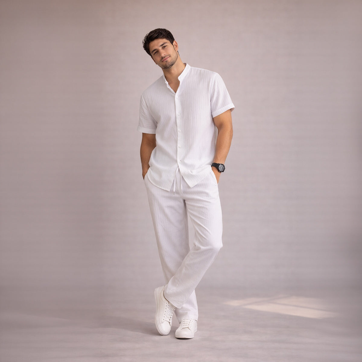 Beau | Men's Linen Pajama Set Blue Striped Short Sleeve