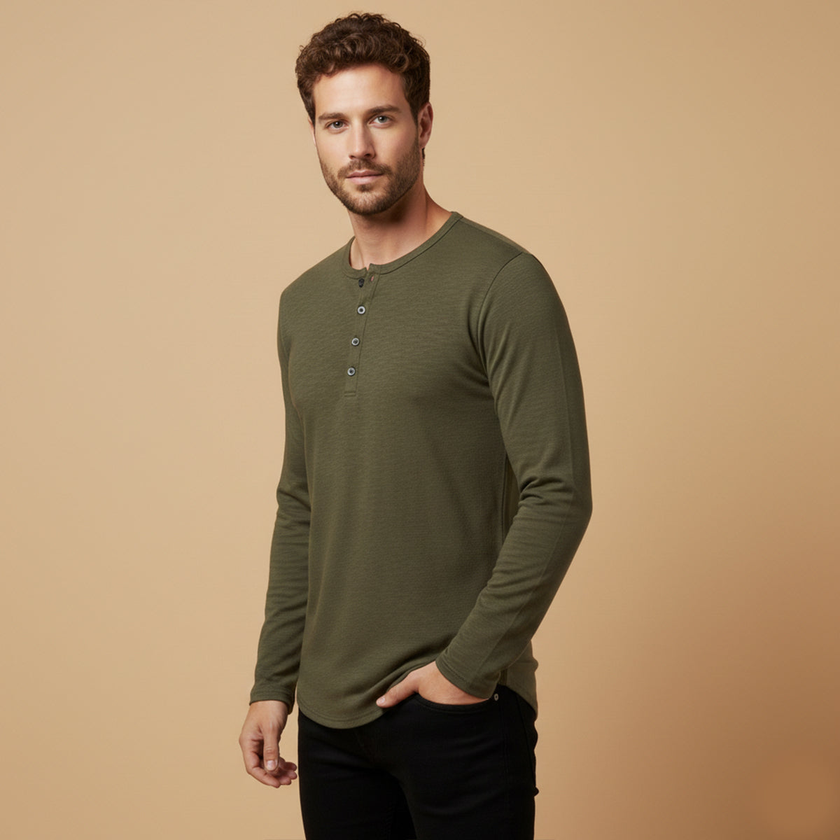 Axel | Men's Henley Shirt Black Long Sleeve Button Neck