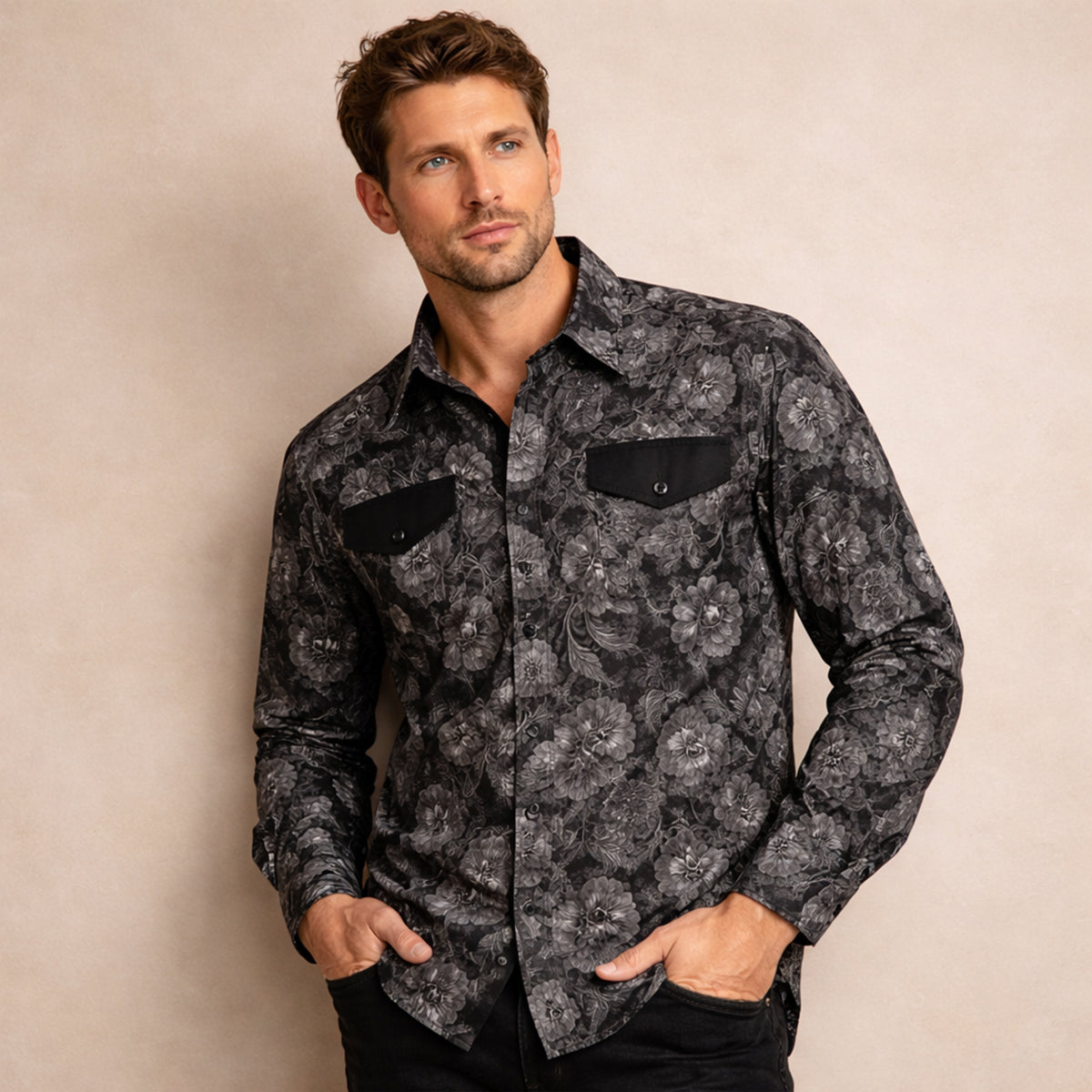 Flint | Men's Patchwork Denim Shirt Navy Cream Long Sleeve