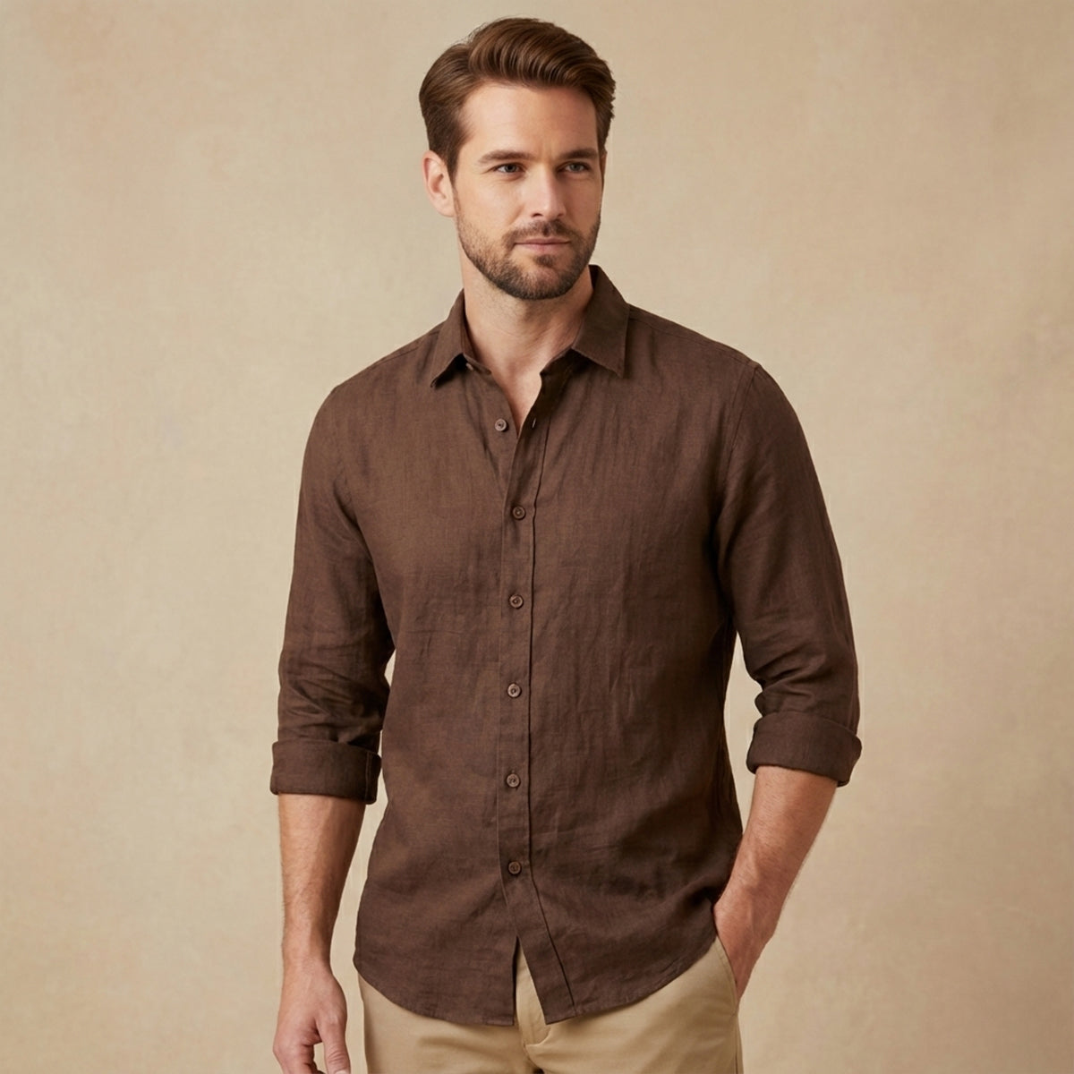 Sage | Men's Linen Shirt Cream Long Sleeve Button Up