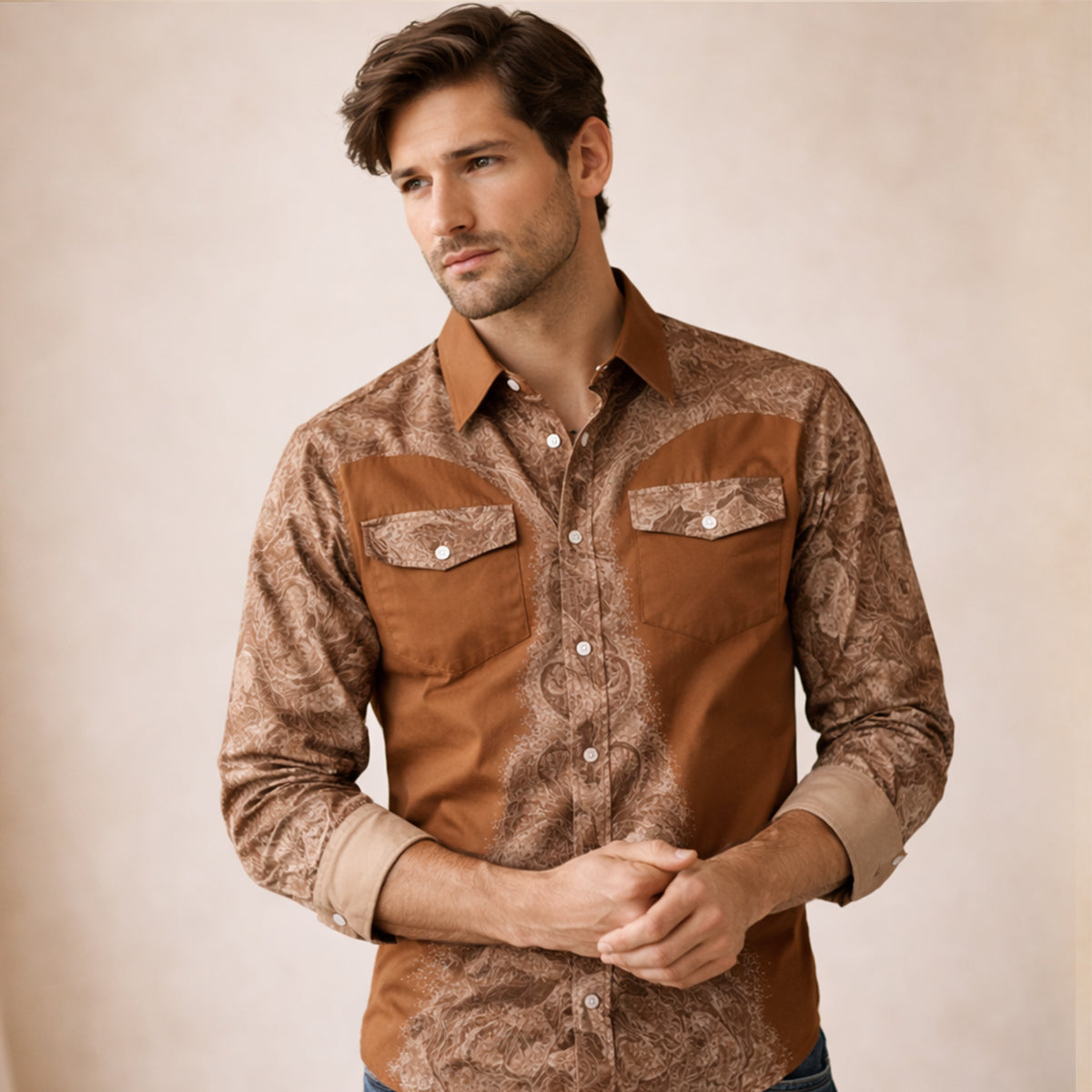 Roan | Men's Two Tone Block Button Up Shirt Cream Brown