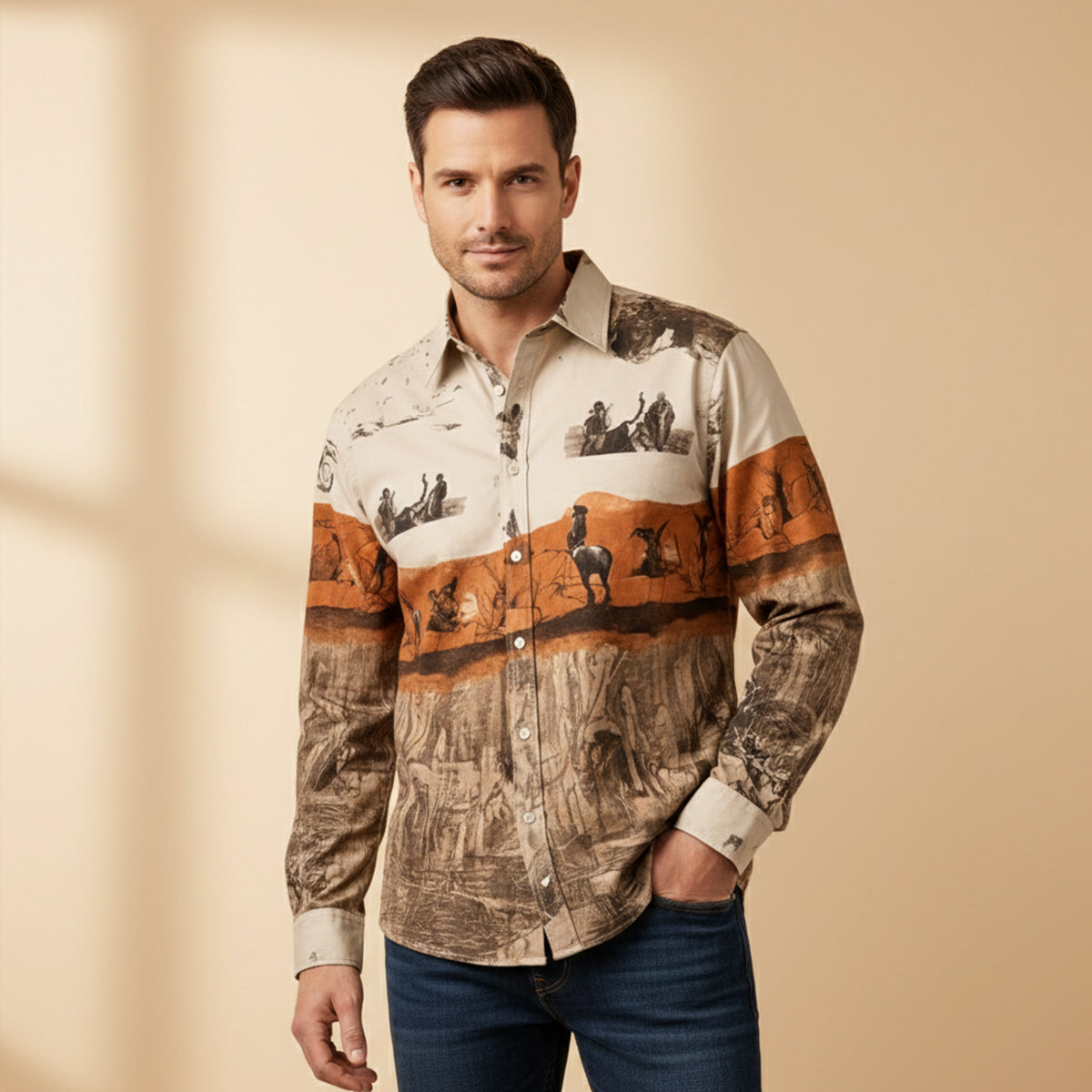 Axel | Men's Western Star Embroidered Button Up Shirt Cream Brown