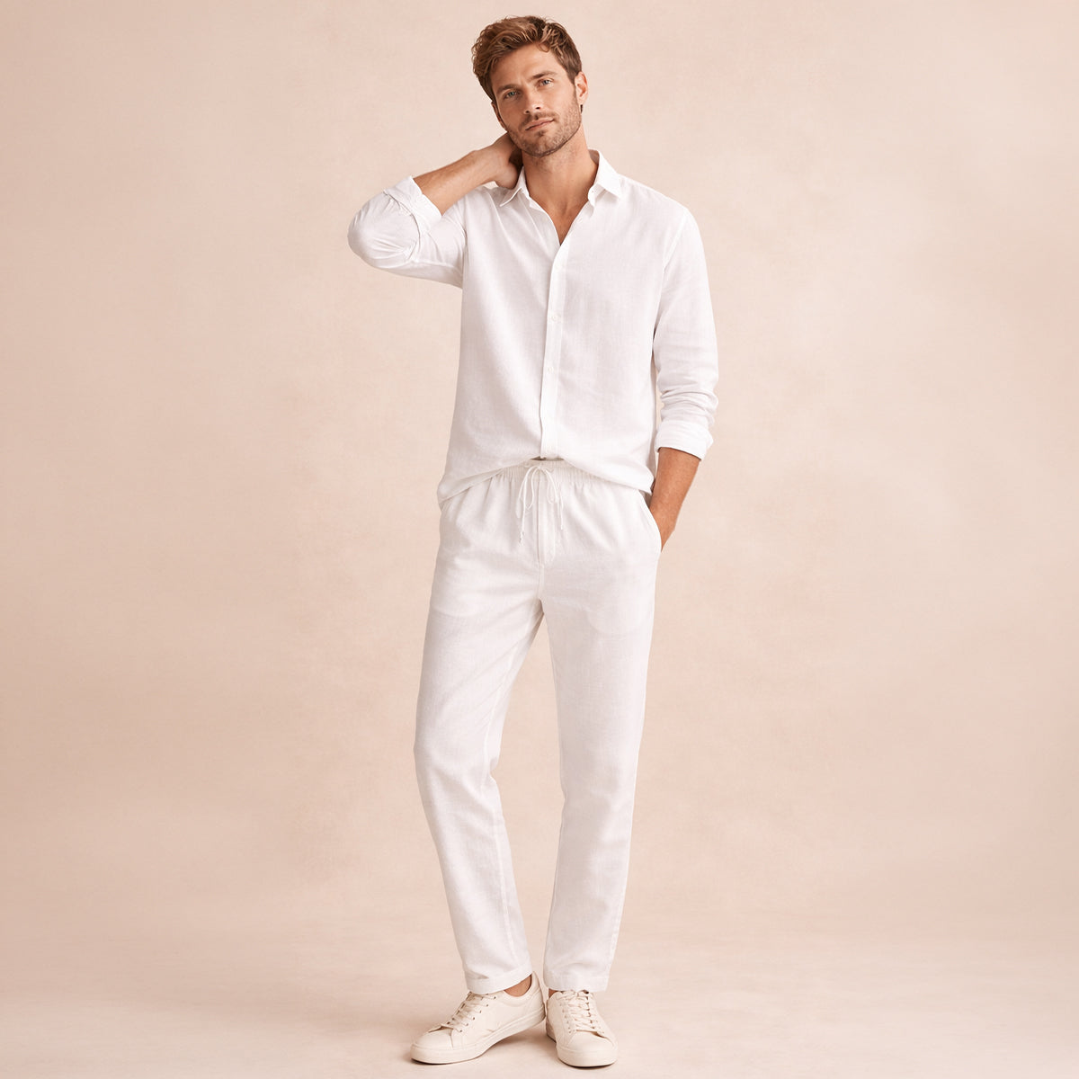 Kai | Men's Linen Lounge Set White Long Sleeve Shirt Pants