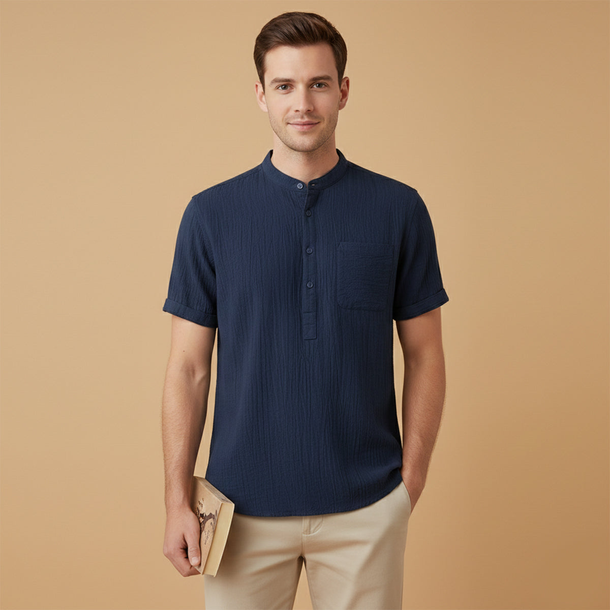 Axel | Men's Henley Shirt Cream Short Sleeve Chest Pocket