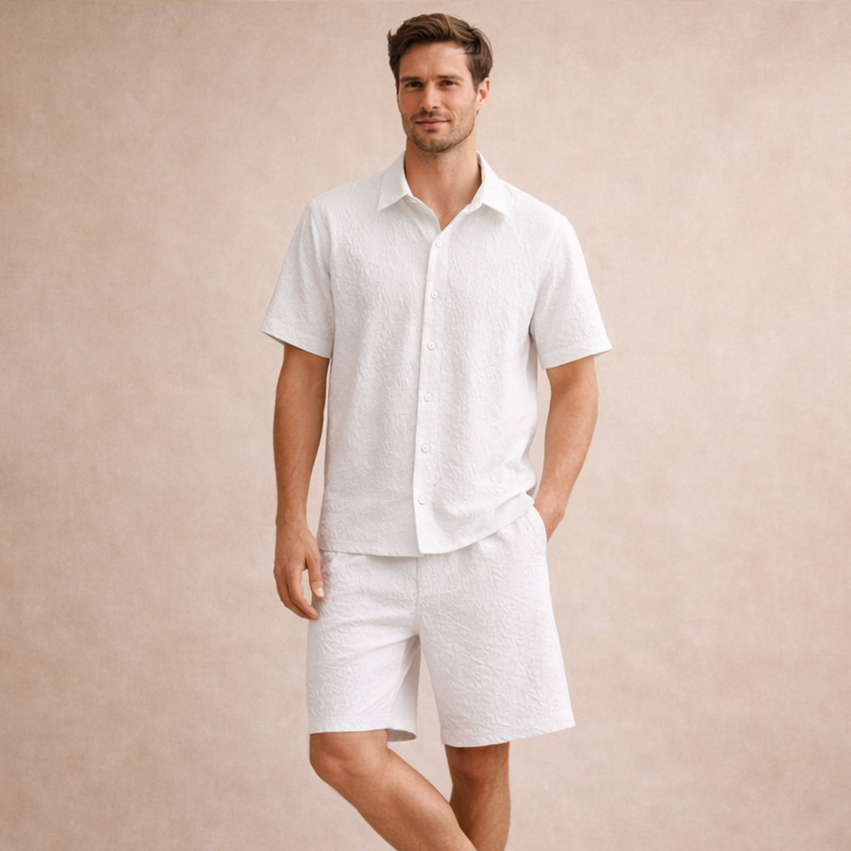 Beau | Men's Lounge Set Light Blue Textured Short Sleeve