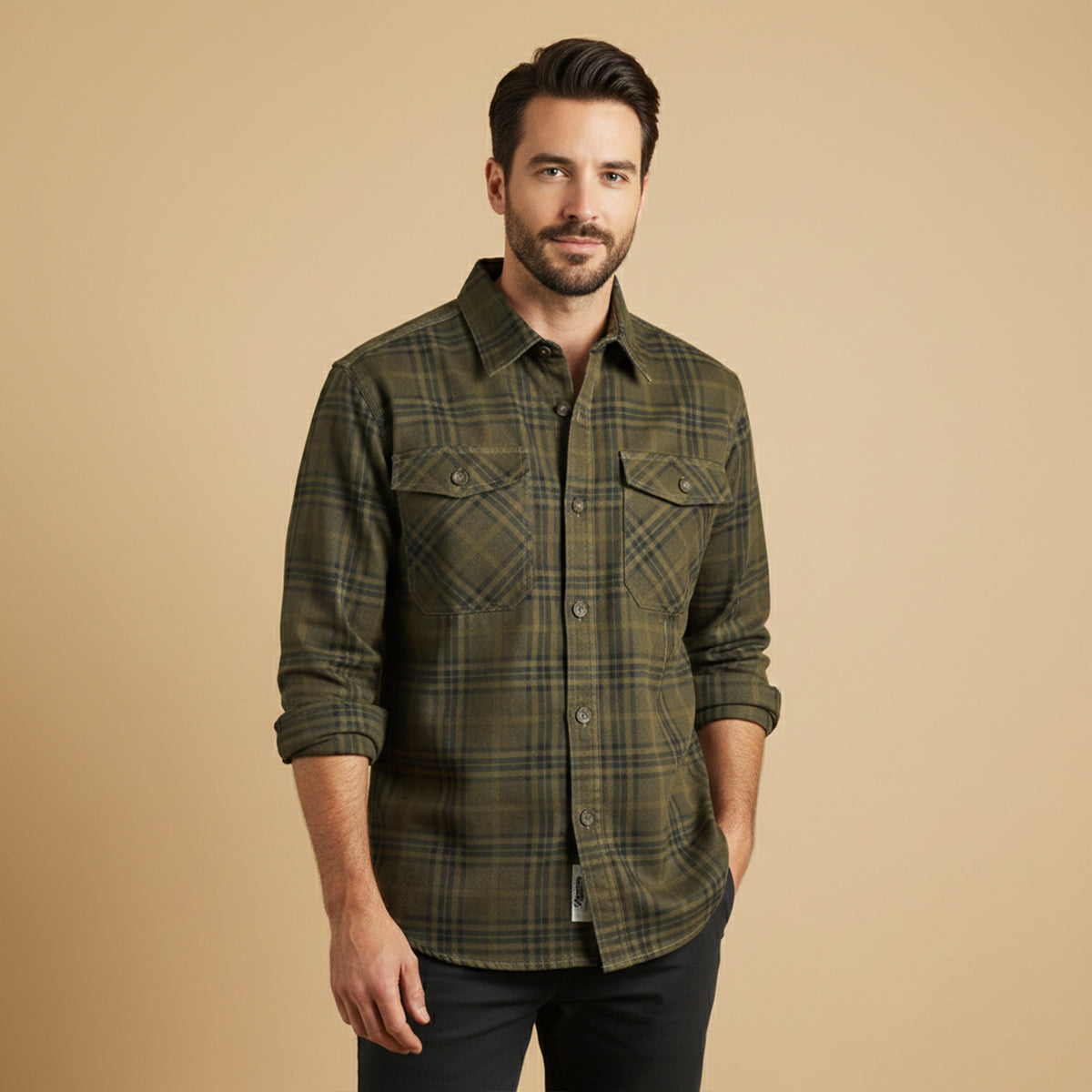Beau | Men's Flannel Shirt Jacket Tan Plaid Long Sleeve