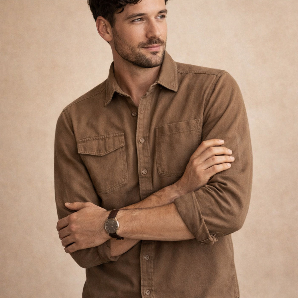 Axel | Men's Denim Shirt Khaki Button Up Long Sleeve