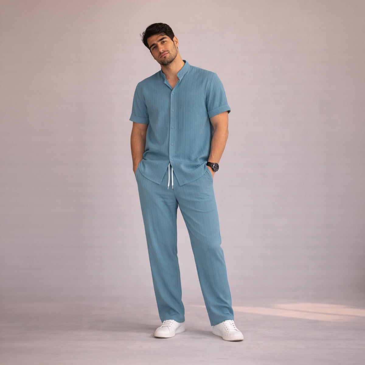 Jasper | Men's Linen Set Light Blue Short Sleeve Shirt Pants