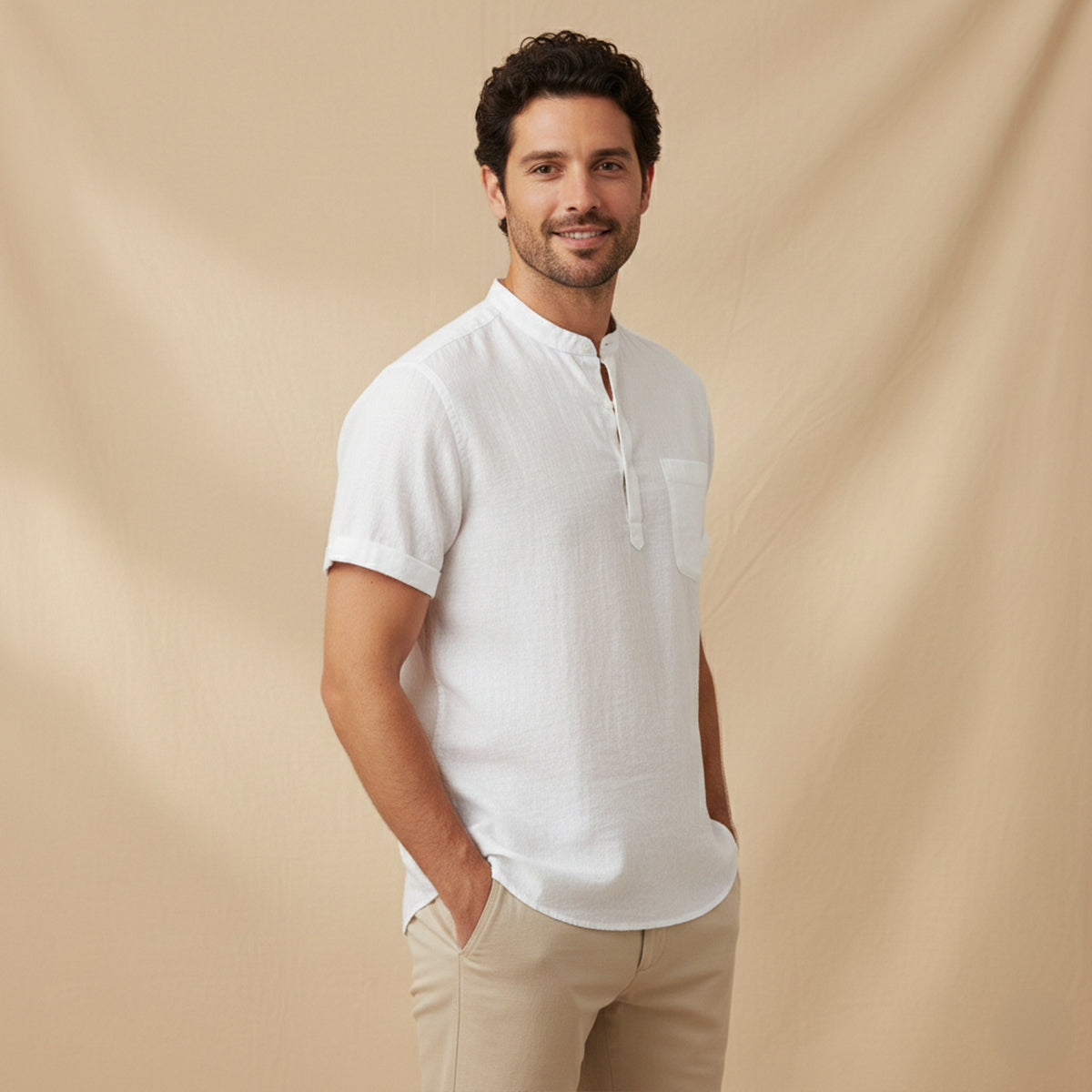 Luca | Men's Henley Shirt Navy Short Sleeve Casual Cotton Linen