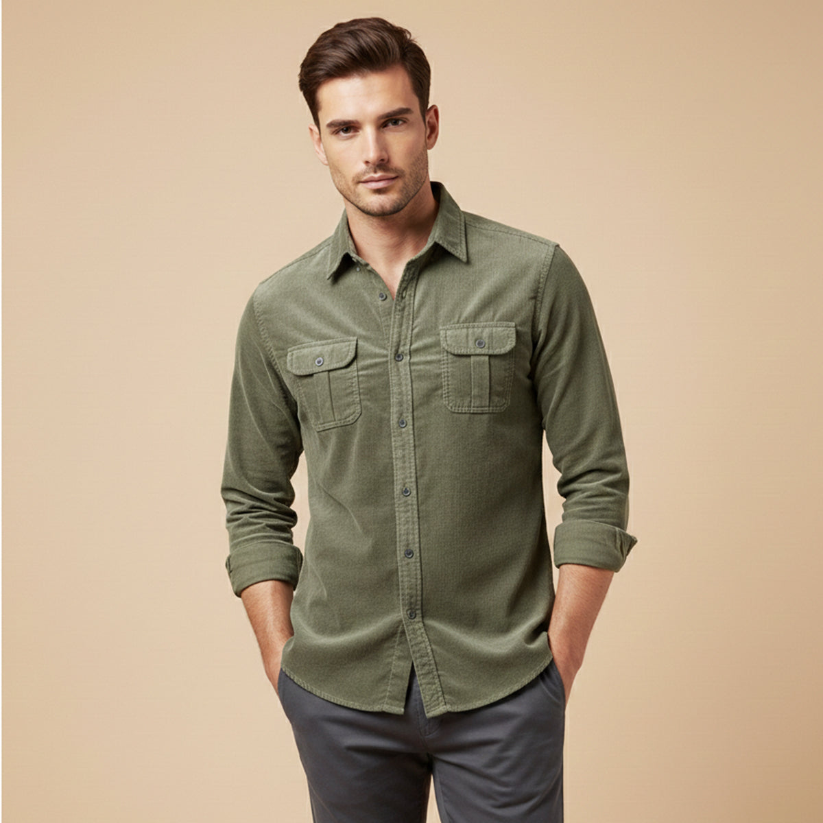 Kai | Men's Casual Corduroy Button Up Shirt Brown