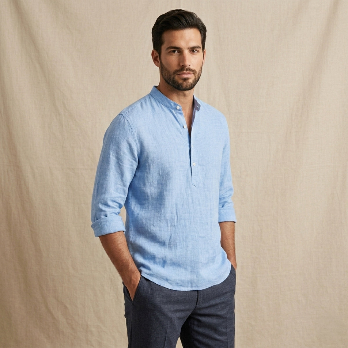 Bram | Men's Linen Button Up Shirt Light Blue Long Sleeve