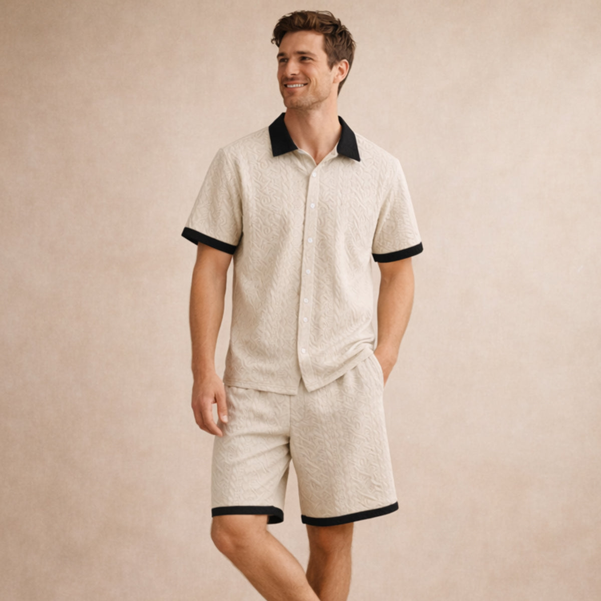 Kael | Men's Lounge Set Cream Textured Short Sleeve Button Up