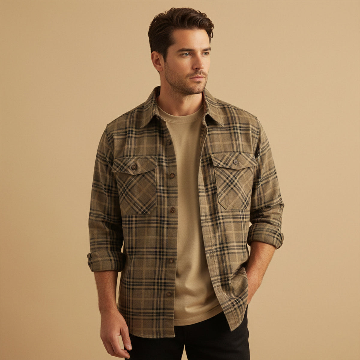 Beau | Men's Flannel Shirt Jacket Tan Plaid Long Sleeve
