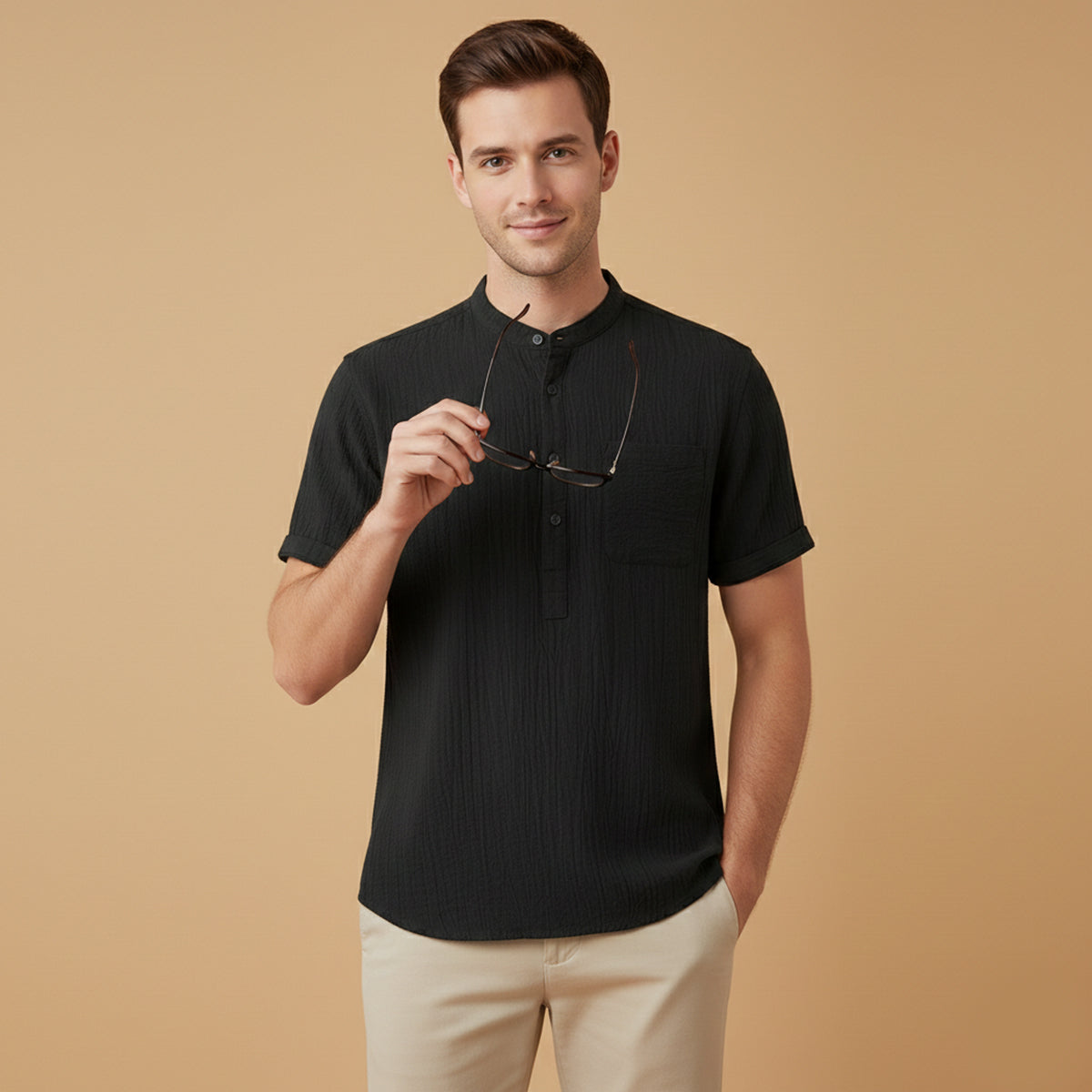Axel | Men's Henley Shirt Cream Short Sleeve Chest Pocket
