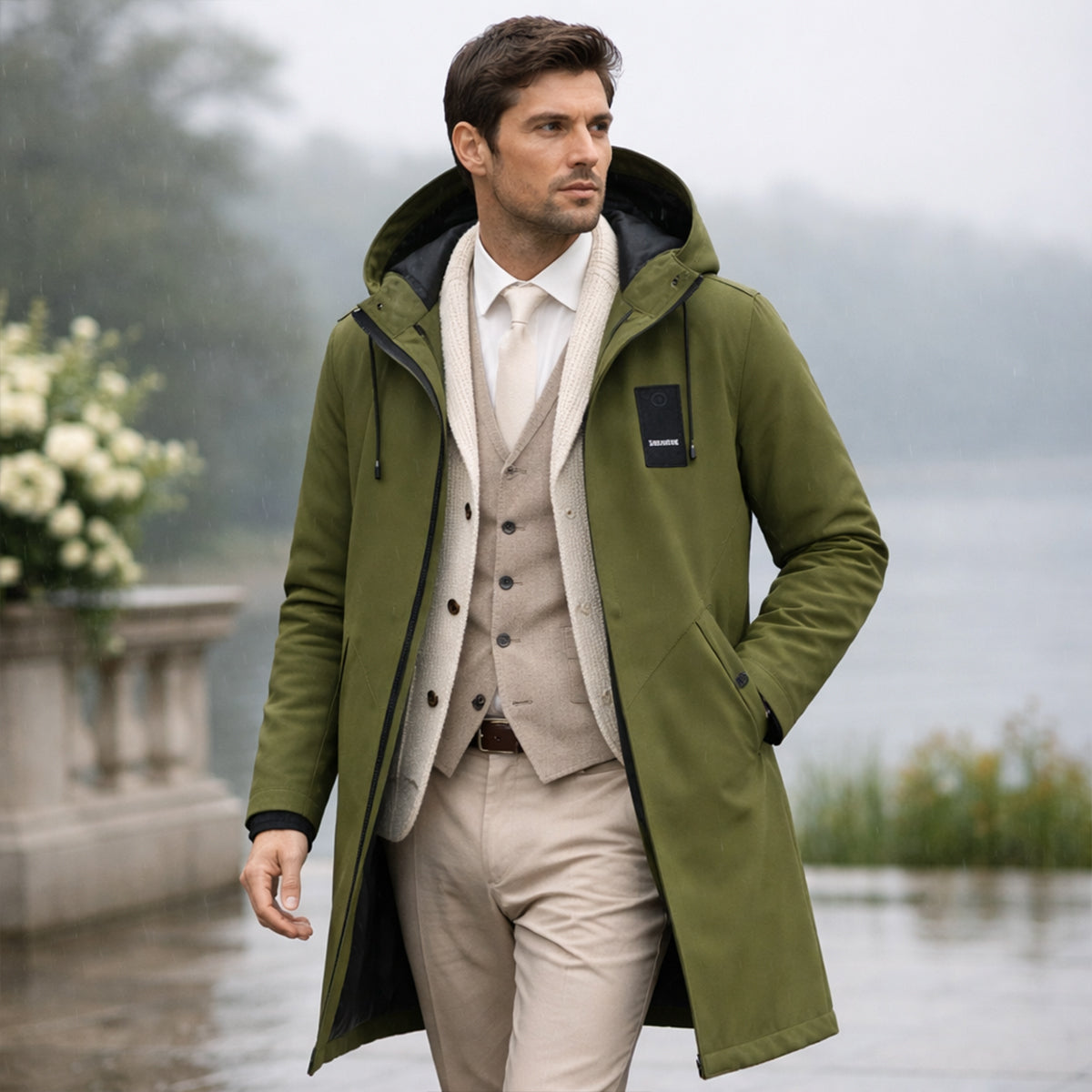 Greta | Men's Waterproof Long Rain Jacket Olive Green Hooded