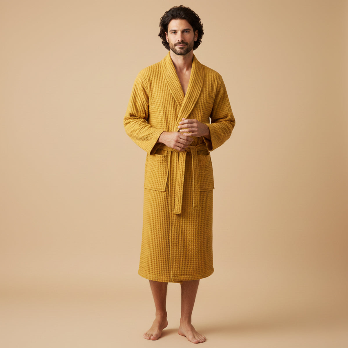 Bram | Men's Robe Cotton Waffle Gold Lightweight Spa Belt