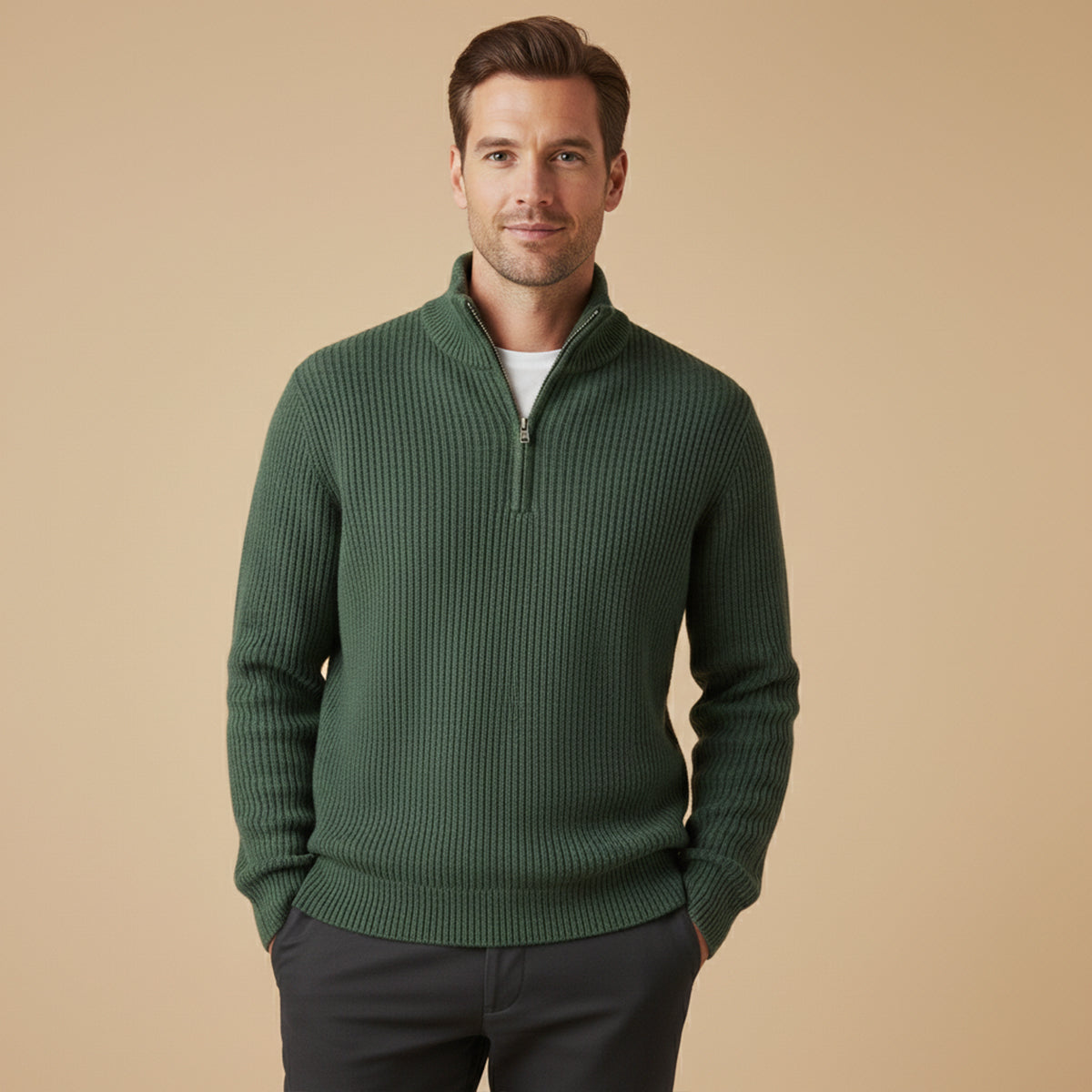 Callum | Men's Quarter Zip Sweater Blue Ribbed Knit
