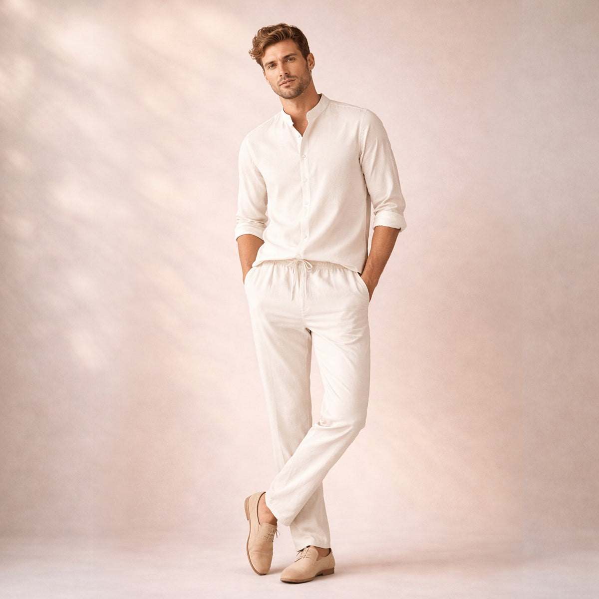 Jasper | Men's Linen Set Navy Long Sleeve Shirt Drawstring Pants