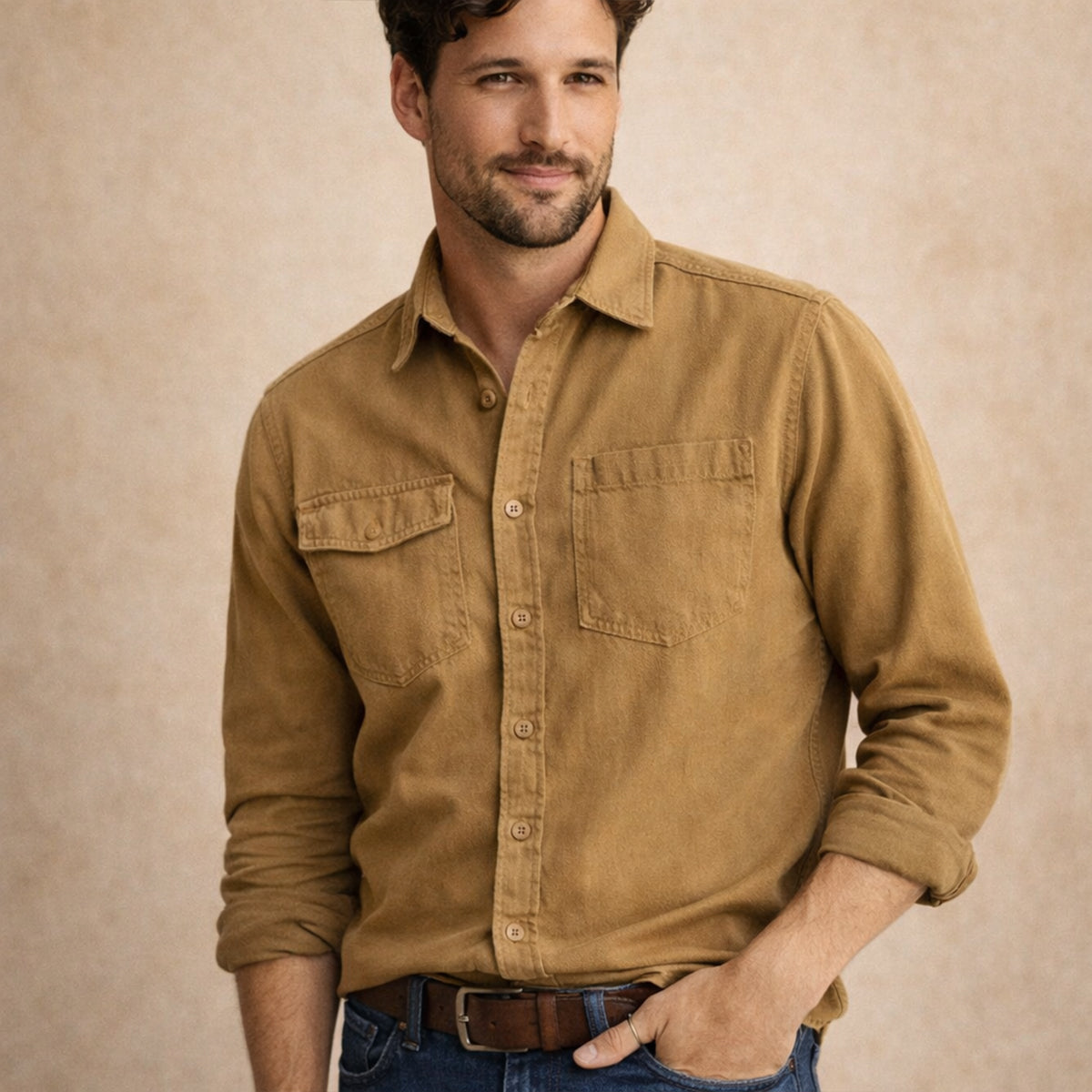 Axel | Men's Denim Shirt Khaki Button Up Long Sleeve