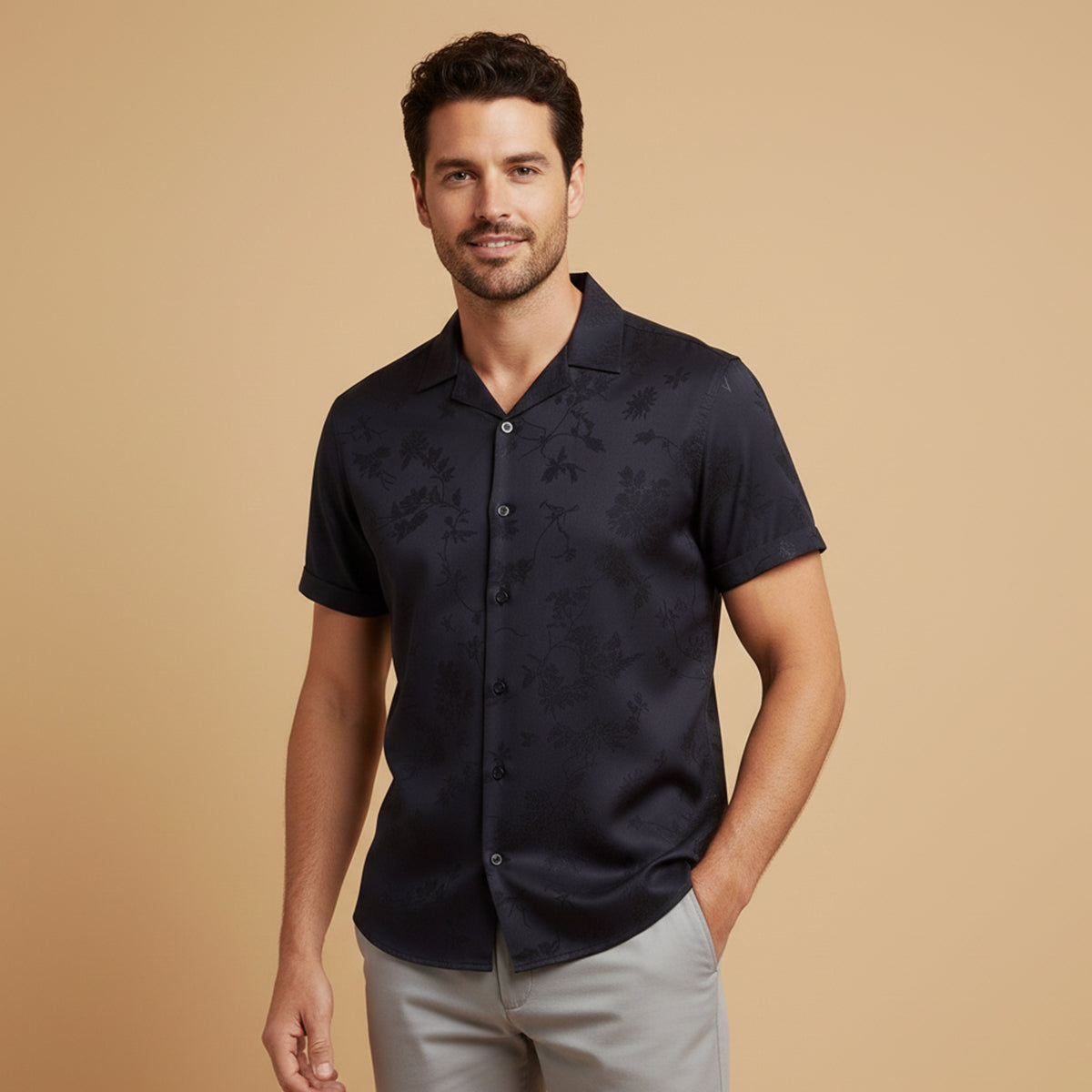 Rowan | Men's Camp Collar Shirt Black Short Sleeve