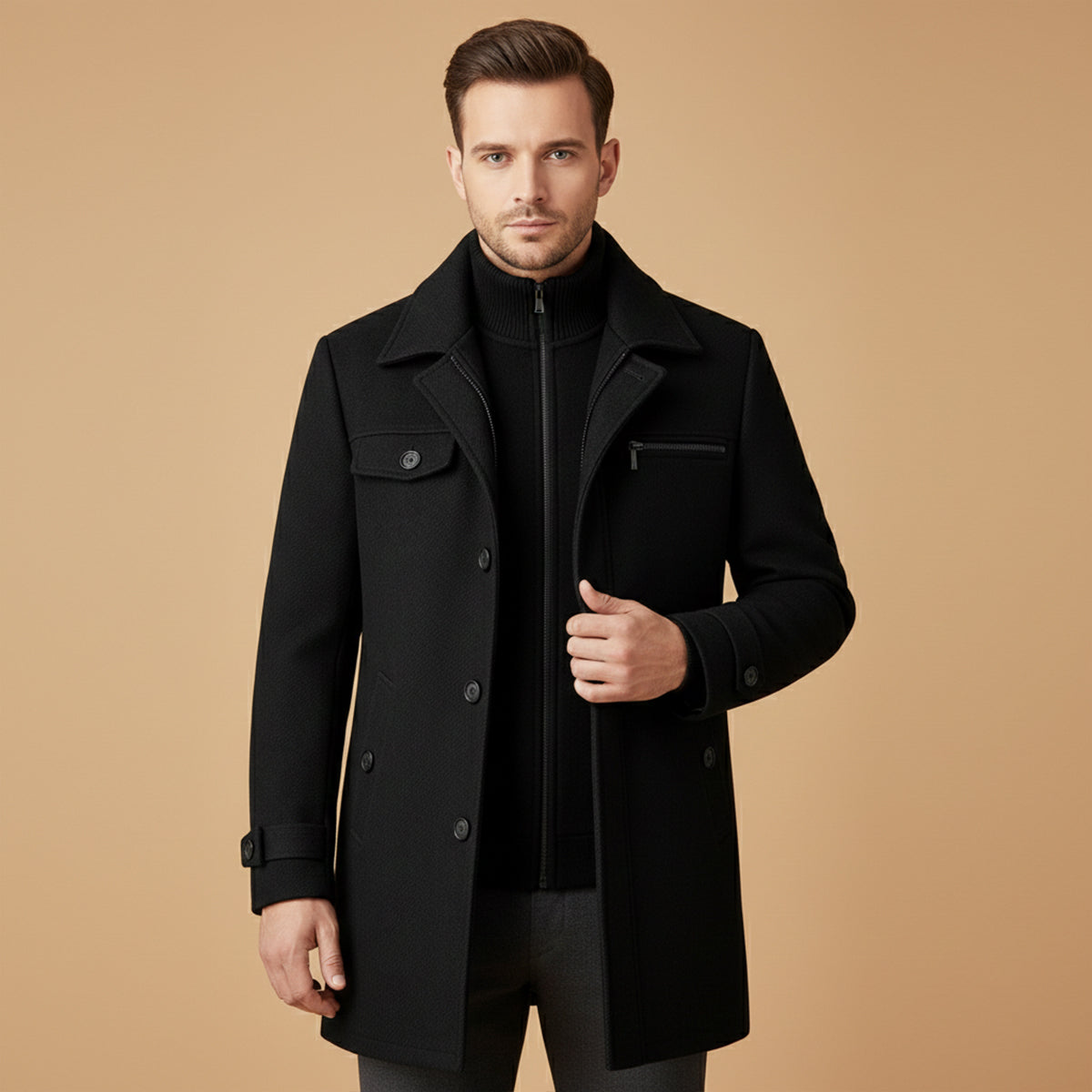 Wyatt | Men's Wool Blend Overcoat Black Button Closure
