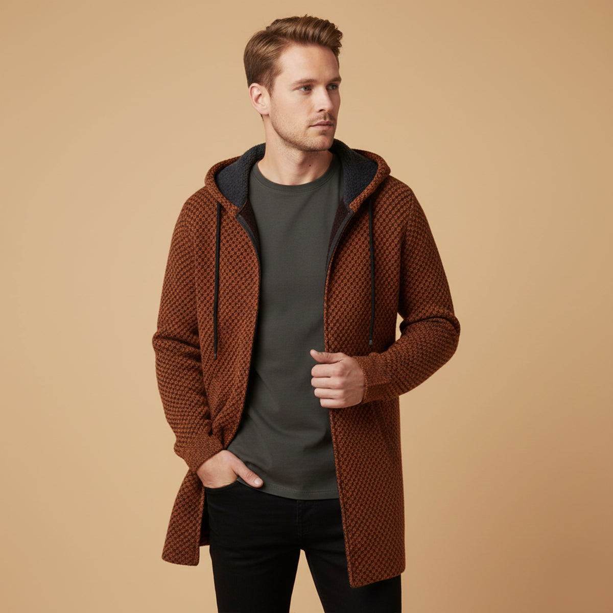 Ezra | Men's Houndstooth Zip Up Hooded Cardigan Cream Black