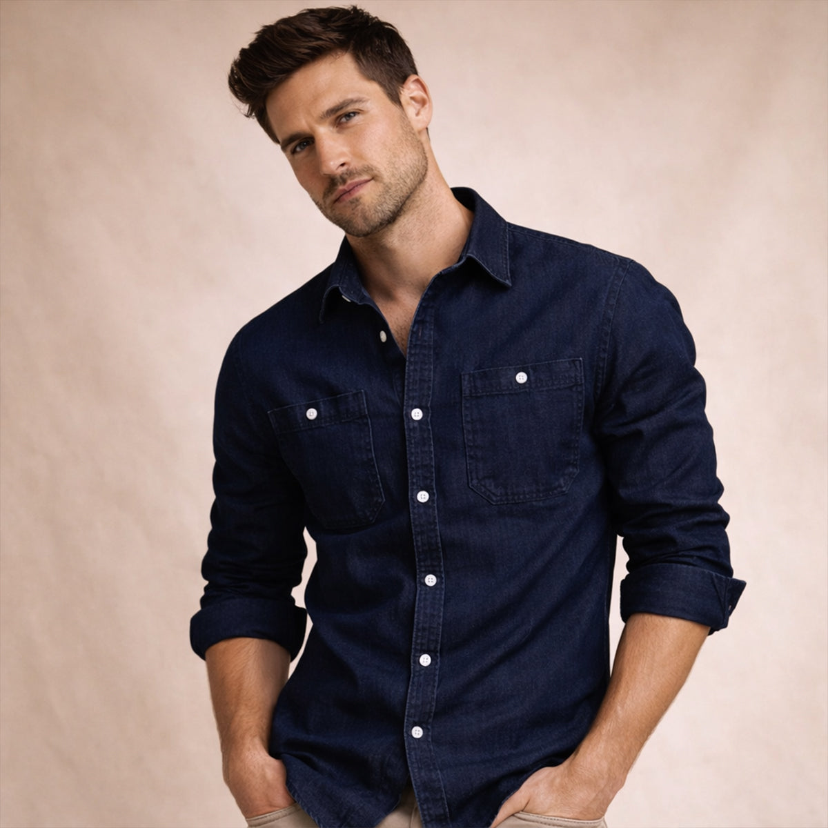 Axel | Men's Dark Wash Denim Shirt Double Pocket Long Sleeve