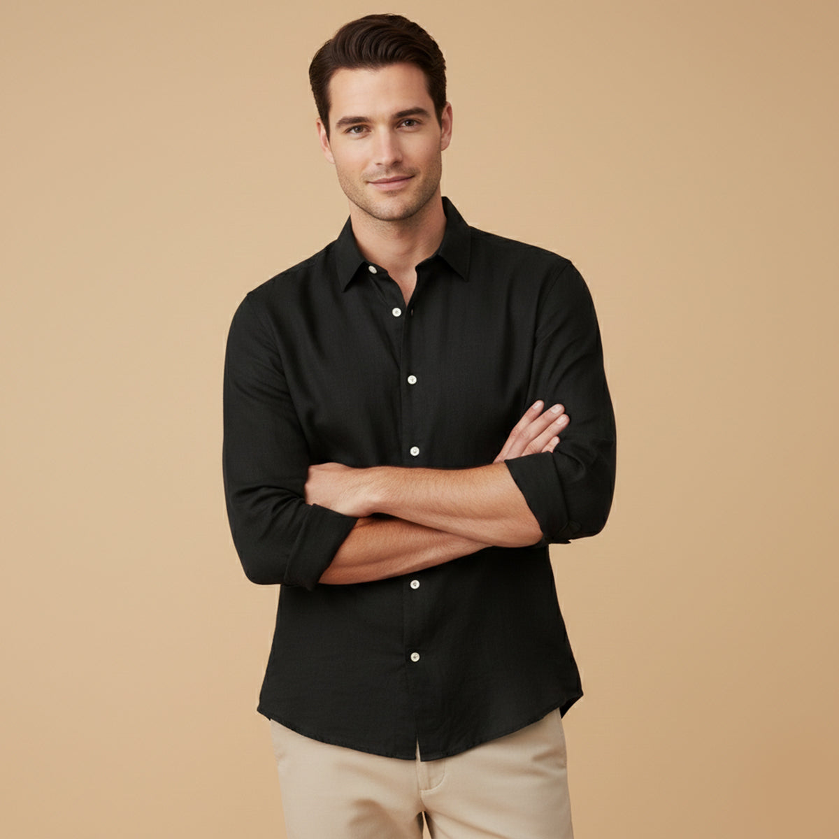 Beau | Men's Casual Button Up Shirt Black Cotton Linen