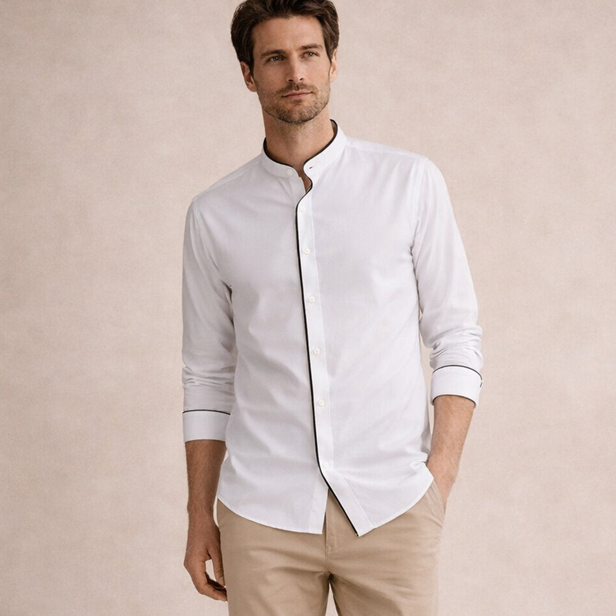 Axel | Men's Button Up Shirt White Black Trim