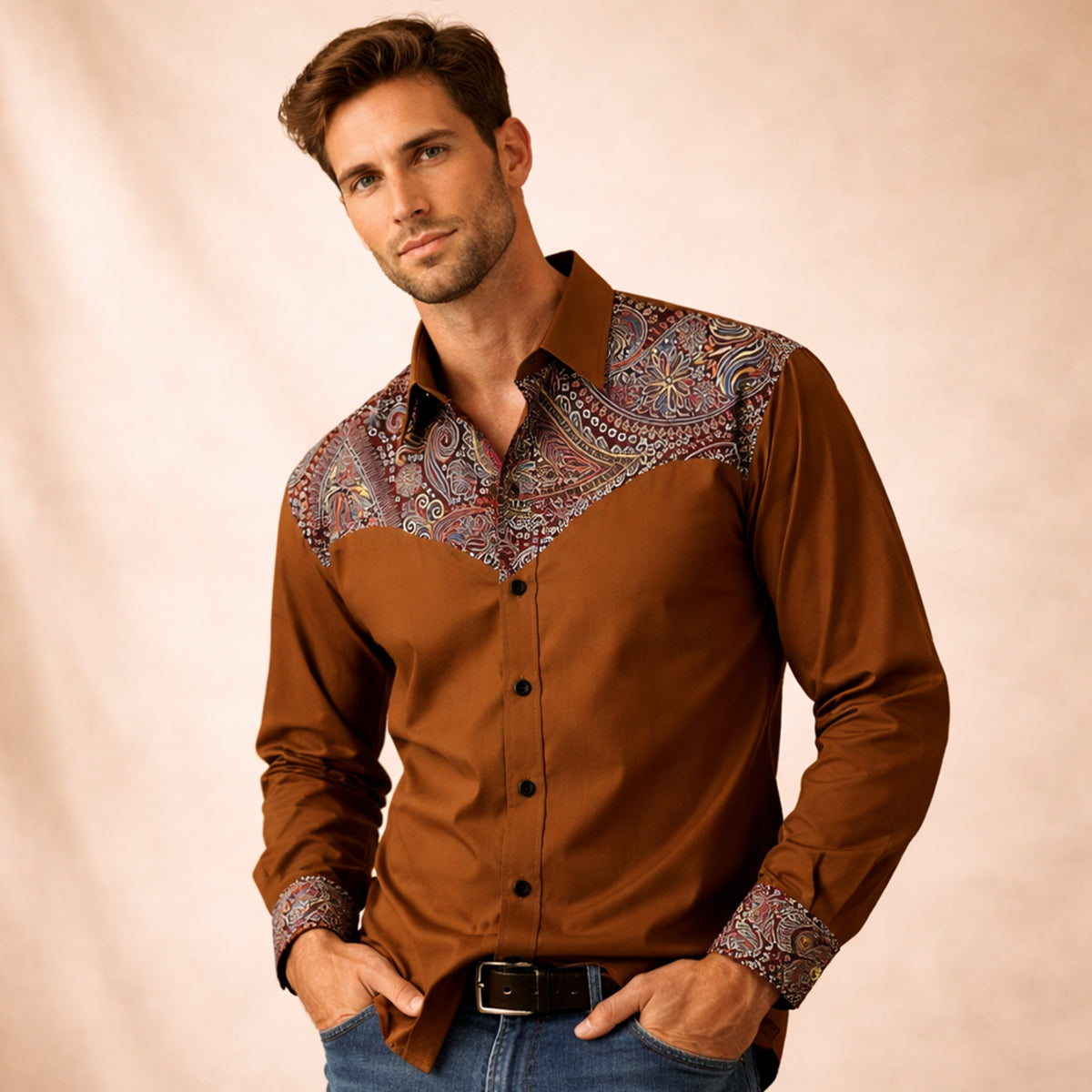 Eli | Men's Western Button Up Shirt Black Turquoise Embroidered