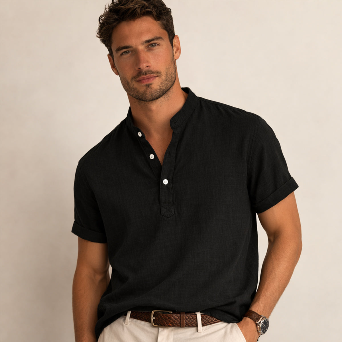 Beau | Men's Linen Shirt Cream Short Sleeve Button Up