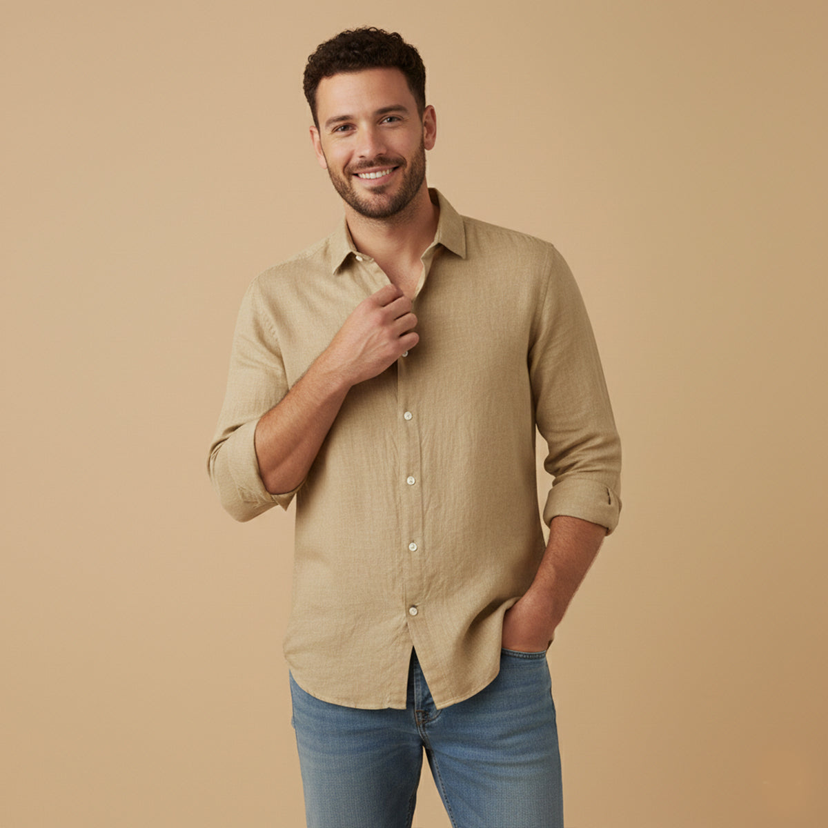 Beau | Men's Casual Linen Shirt Blue Long Sleeve Button Up