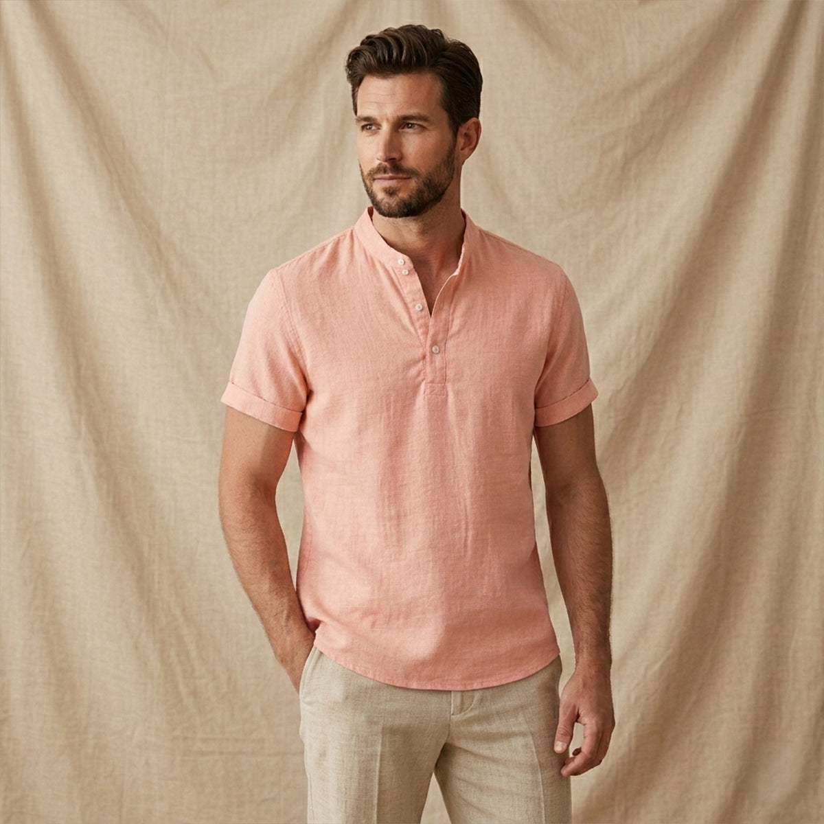 Bram | Men's Linen Button Up Shirt Pink Short Sleeve