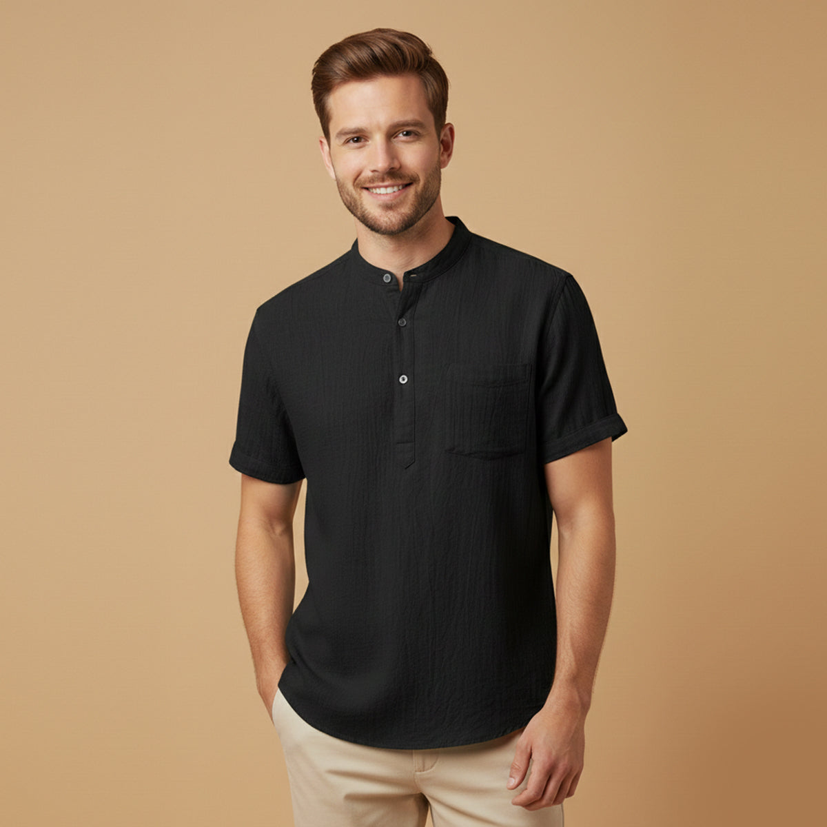 Beau | Men's Casual Henley Shirt Gray Short Sleeve