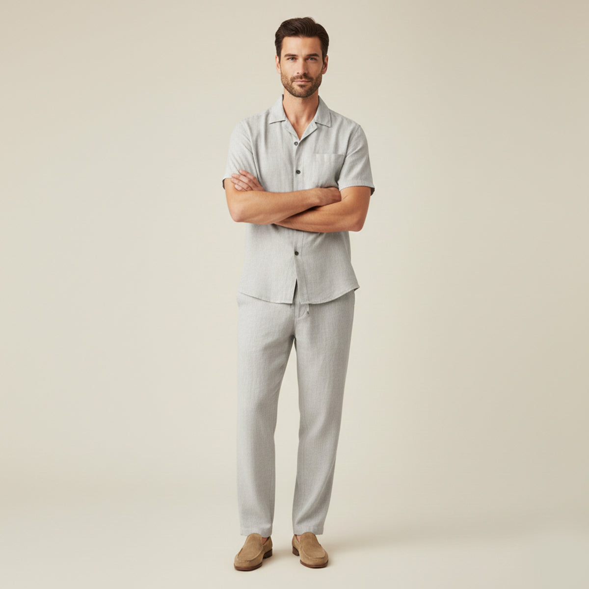 Axel | Men's Linen Set Cream Short Sleeve Shirt Pants
