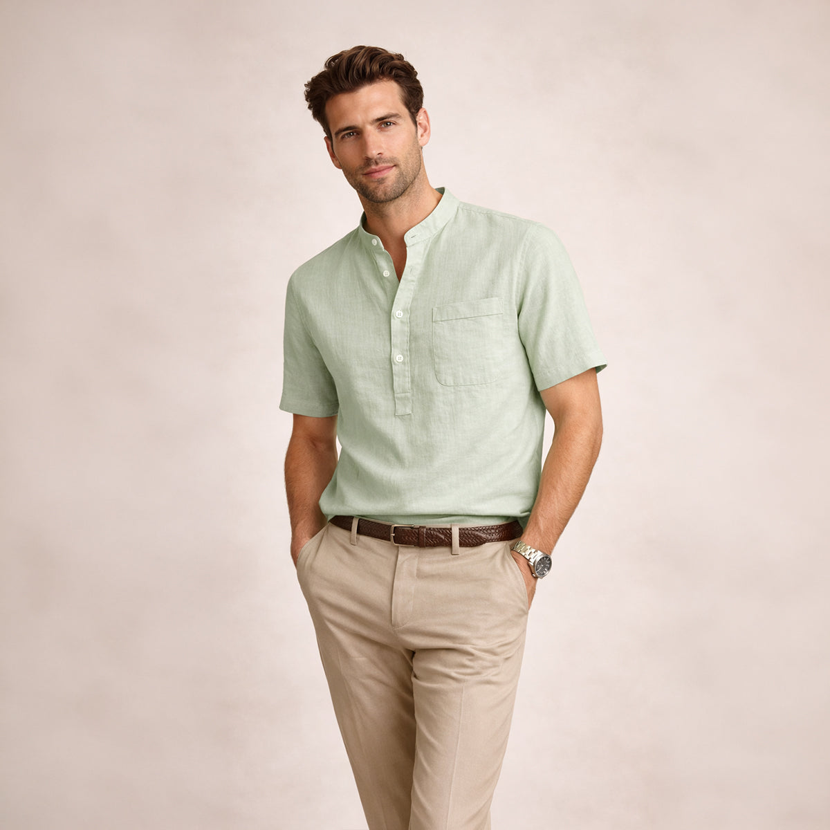 Ivo | Men's Linen Henley Shirt Light Green Short Sleeve