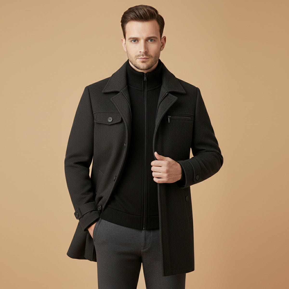 Wyatt | Men's Wool Blend Overcoat Black Button Closure