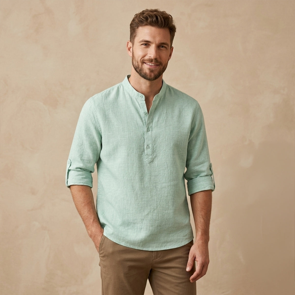 Axel | Men's Linen Shirt Light Green Long Sleeve Button Up