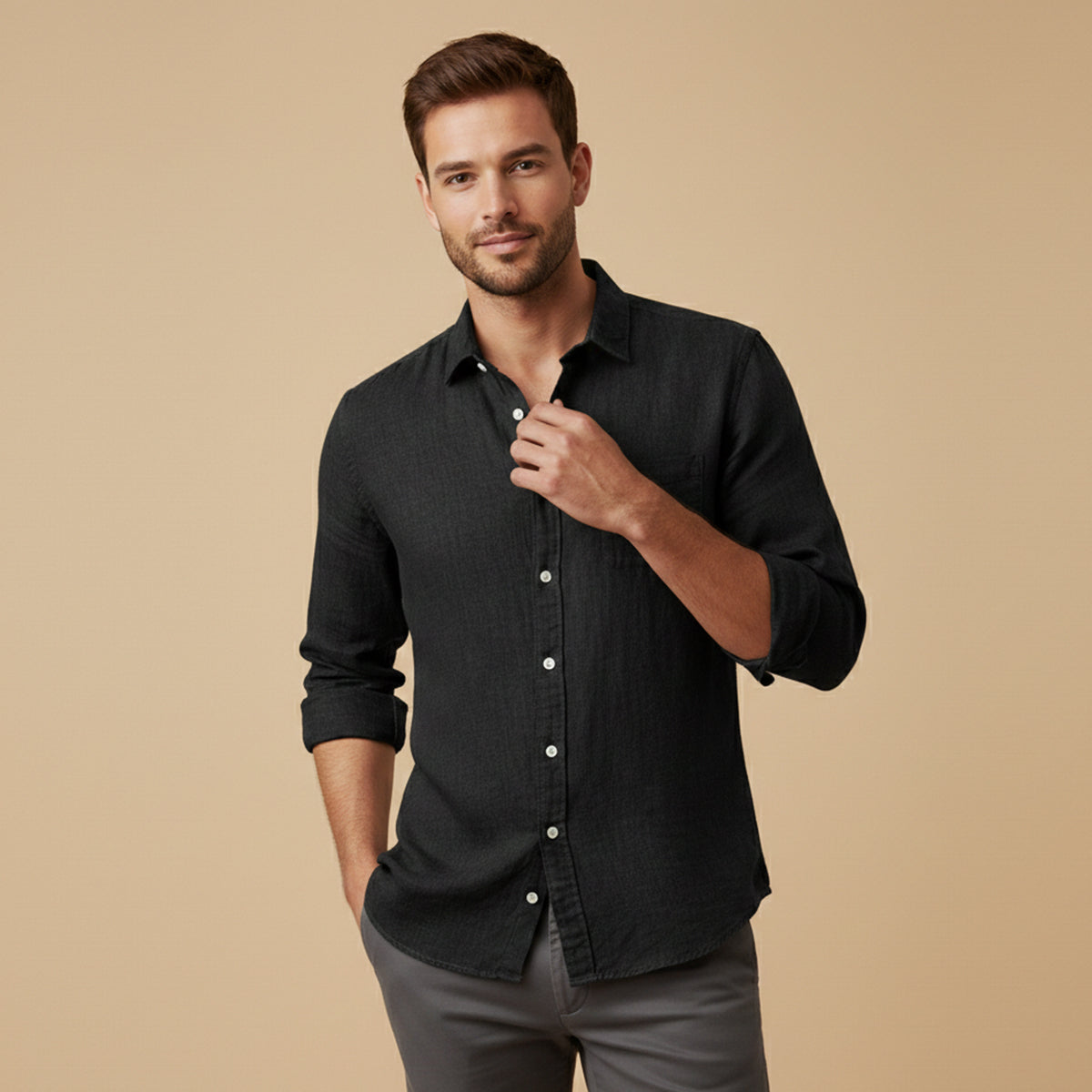 Beau | Men's Linen Button Up Shirt Brown Long Sleeve Casual