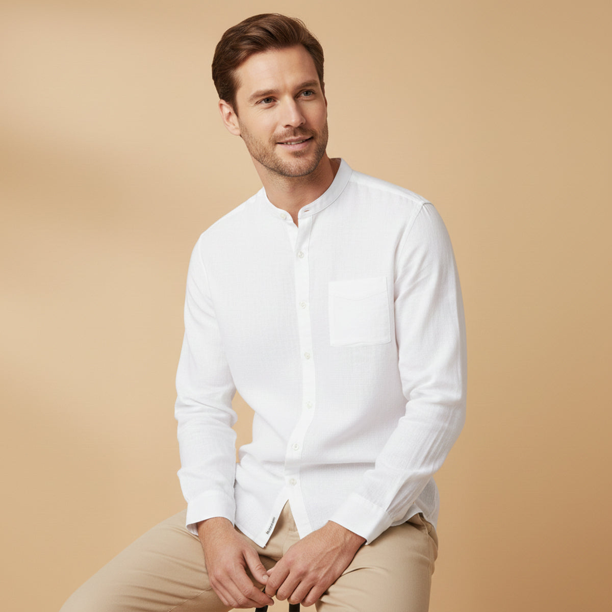 Bram | Men's Linen Shirt Cream Long Sleeve Button Up