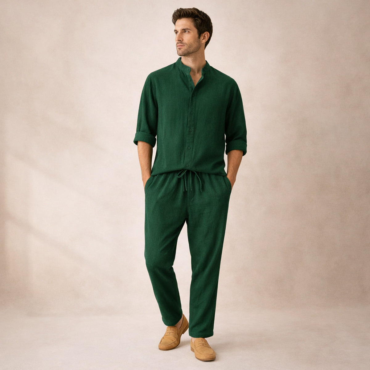 Rhys | Men's Linen Lounge Set Green Drawstring Pants Shirt