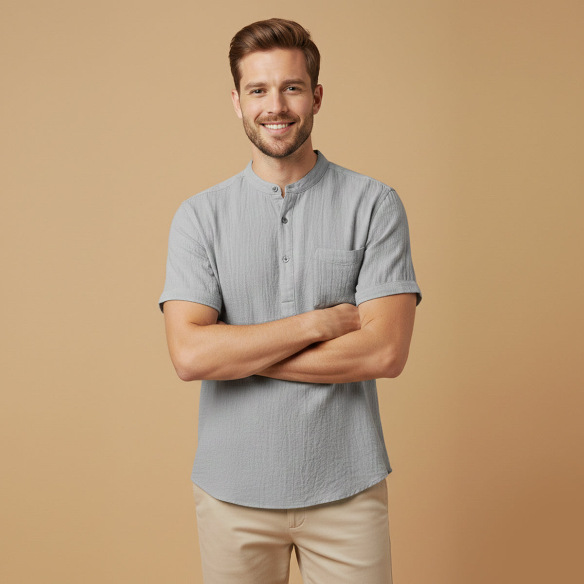Beau | Men's Casual Henley Shirt Gray Short Sleeve