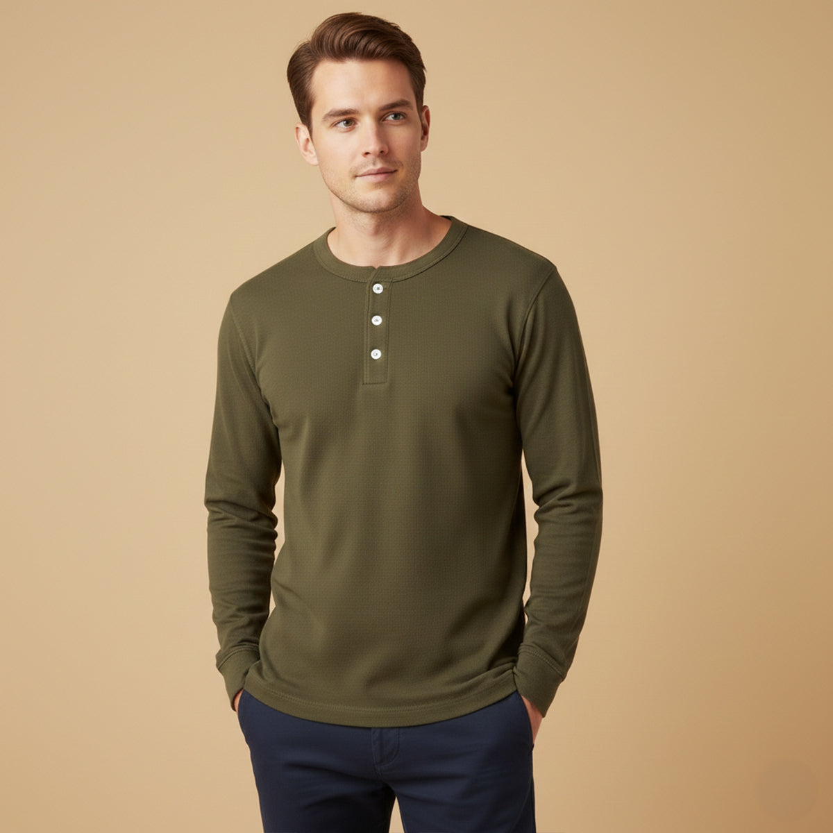 Ash | Men's Henley Shirt Olive Long Sleeve Casual