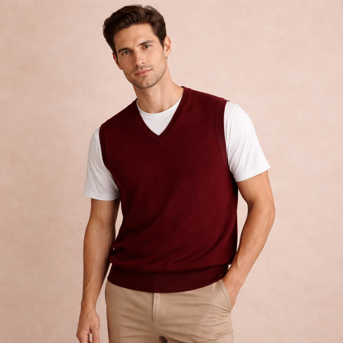 Callum | Men's V Neck Sweater Vest Burgundy Layering Knit