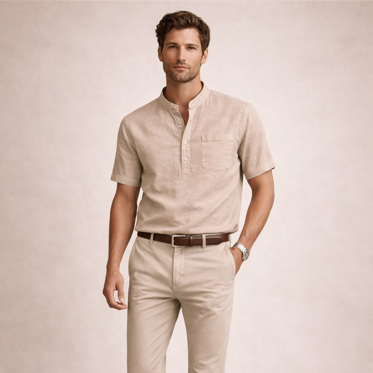 Rhys | Men's Casual Linen Henley Shirt Cream Short Sleeve