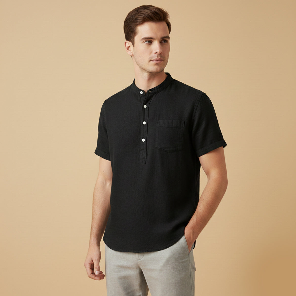 Axel | Men's Henley Shirt Black Short Sleeve Chest Pocket